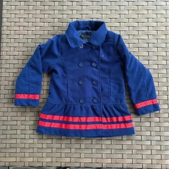 Nautica‎ Double Breasted Peacoat Full Zip Little Girls’ Size 4 Blue/Red Striped - Picture 1 of 9